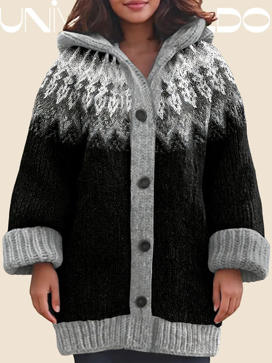 【S~5XL】✨Елегантен плетен кардиган с ретро принт и цветна качулка