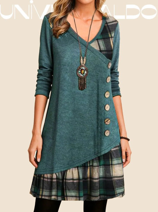 💟【Ново есенно поступление】👗2025 Нова елегантна карирана рокля с V-образно деколте и дълъг ръкав