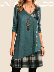 💟【Ново есенно поступление】👗2025 Нова елегантна карирана рокля с V-образно деколте и дълъг ръкав