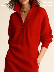 Плетена Свободна Рокля С Копчета И Стоящ Яка