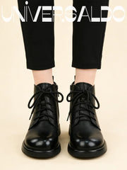 🎉👞Дамски естествена кожа елегантни модни ежедневни ботуши с плоска подметка и заоблени върхове Dr. Martens