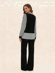 Модерна Псевдо-Двуделна Блуза С Райе И Дълъг Ръкав