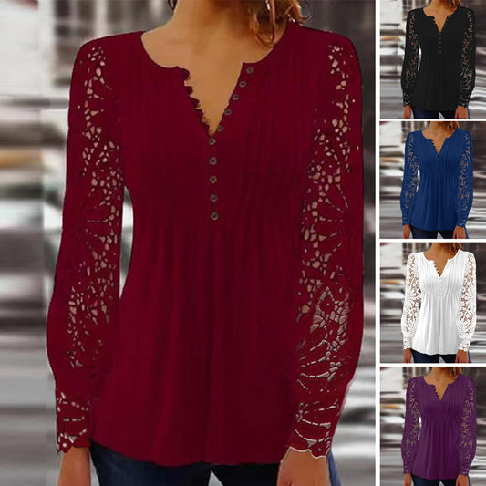 Нов модерен дантелен топ с V-образно деколте и дълги ръкави