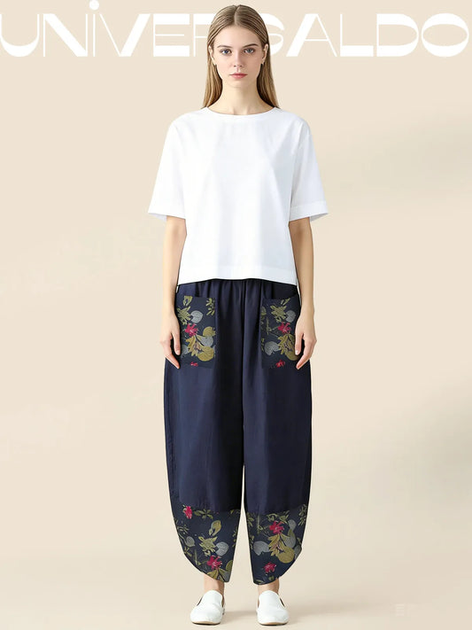 Нови широки панталони от памук и лен с щампа