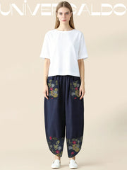 Нови широки панталони от памук и лен с щампа