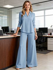 2-Части Комплект Блуза с V-Яка и Широки Панталони