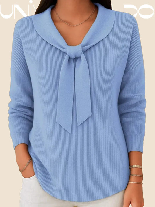 Плетен Пуловер с Дизайн на Панделка в Един Цвят