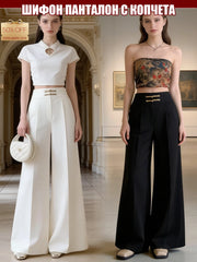 Плисиран Широк Панталон с Висока Талия от Ледена Коприна и Шифон