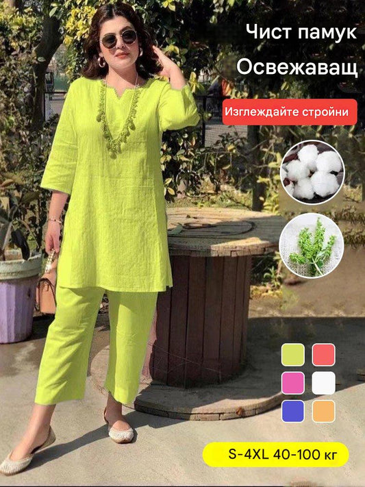 【Директно от фабрика】Дамски ежедневен костюм от памук и лен в етнически стил