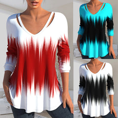 Дамски топ с дълъг ръкав и V-образно деколте с щампа