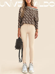 2-Части Спортен Комплект с Асиметрично Рамо, V-Яка и Комбинирани Материали