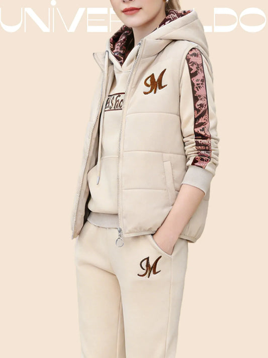 Дамски топъл полар спортен ежедневен комплект (панталон + суичър с качулка + жилетка)