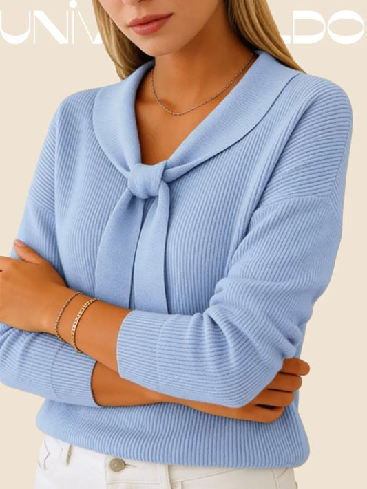 Плетен Пуловер с Дизайн на Панделка в Един Цвят