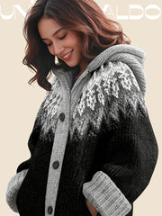 【S~5XL】✨Елегантен плетен кардиган с ретро принт и цветна качулка