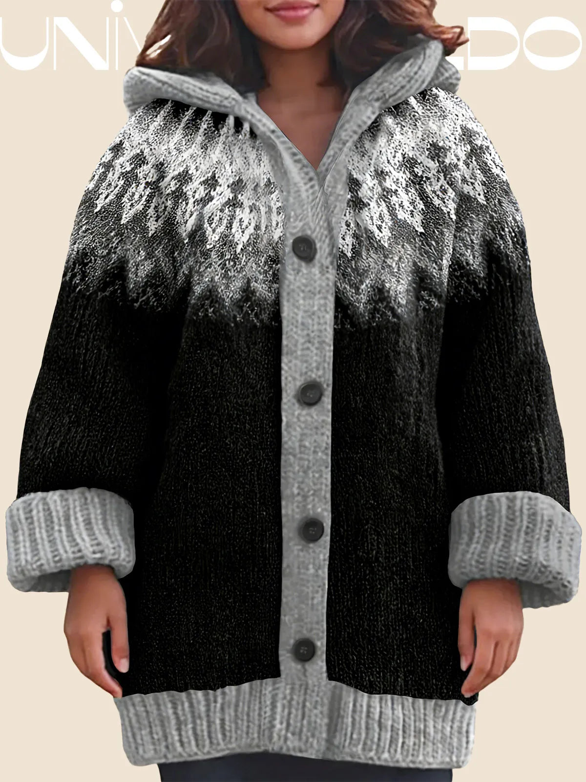 【S~5XL】✨Елегантен плетен кардиган с ретро принт и цветна качулка