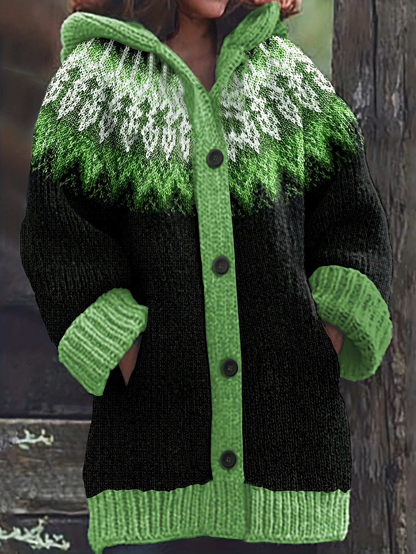 【S~5XL】✨Елегантен плетен кардиган с ретро принт и цветна качулка