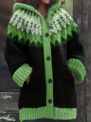 【S~5XL】✨Елегантен плетен кардиган с ретро принт и цветна качулка