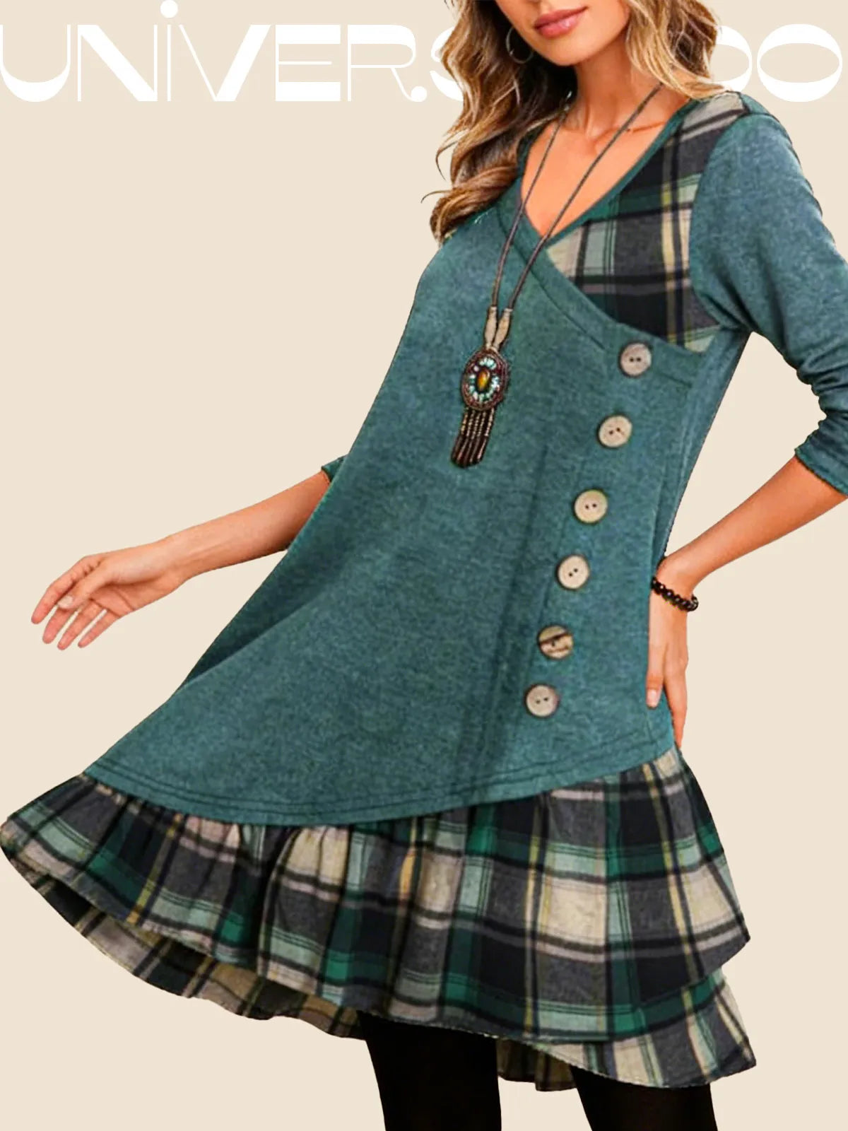 💟【Ново есенно поступление】👗2025 Нова елегантна карирана рокля с V-образно деколте и дълъг ръкав