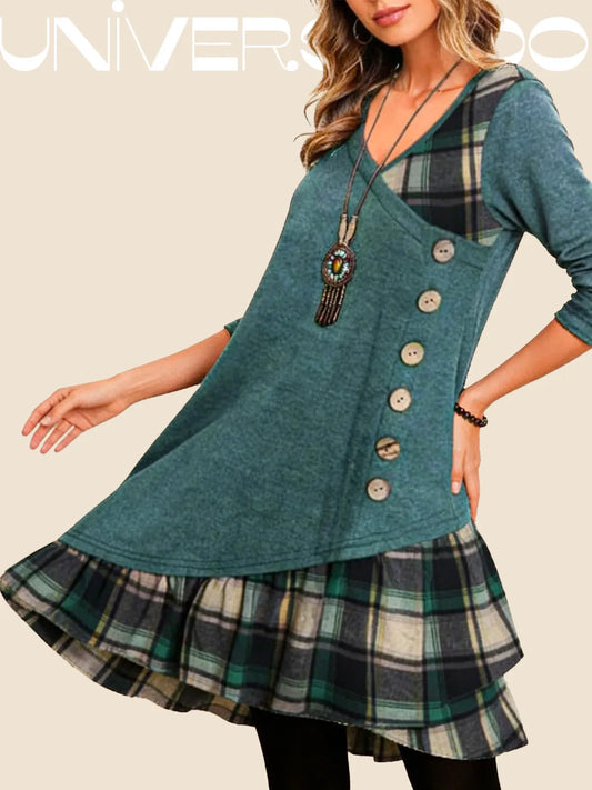 💟【Ново есенно поступление】👗2025 Нова елегантна карирана рокля с V-образно деколте и дълъг ръкав