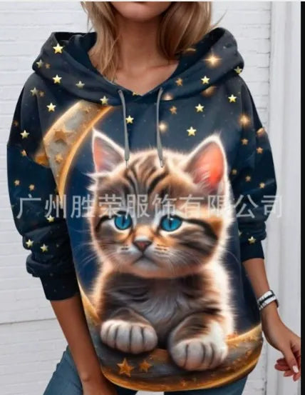 【50% отстъпка】🐱 Дамски суитшърт с 3D принт и мотив на котка и животно. Уникален дизайн, сладък модел