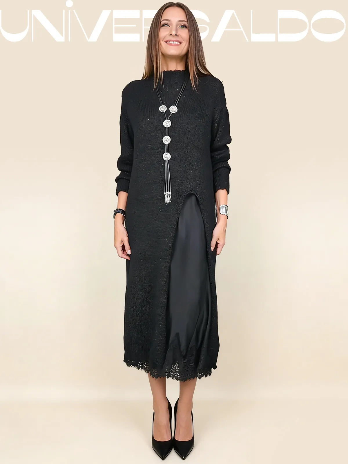 【XS-3XL】👗Нов комплект от дантела, дизайн с отвор, стил пуловер, рокля с презрамки + пуловер с отвор, 2 части