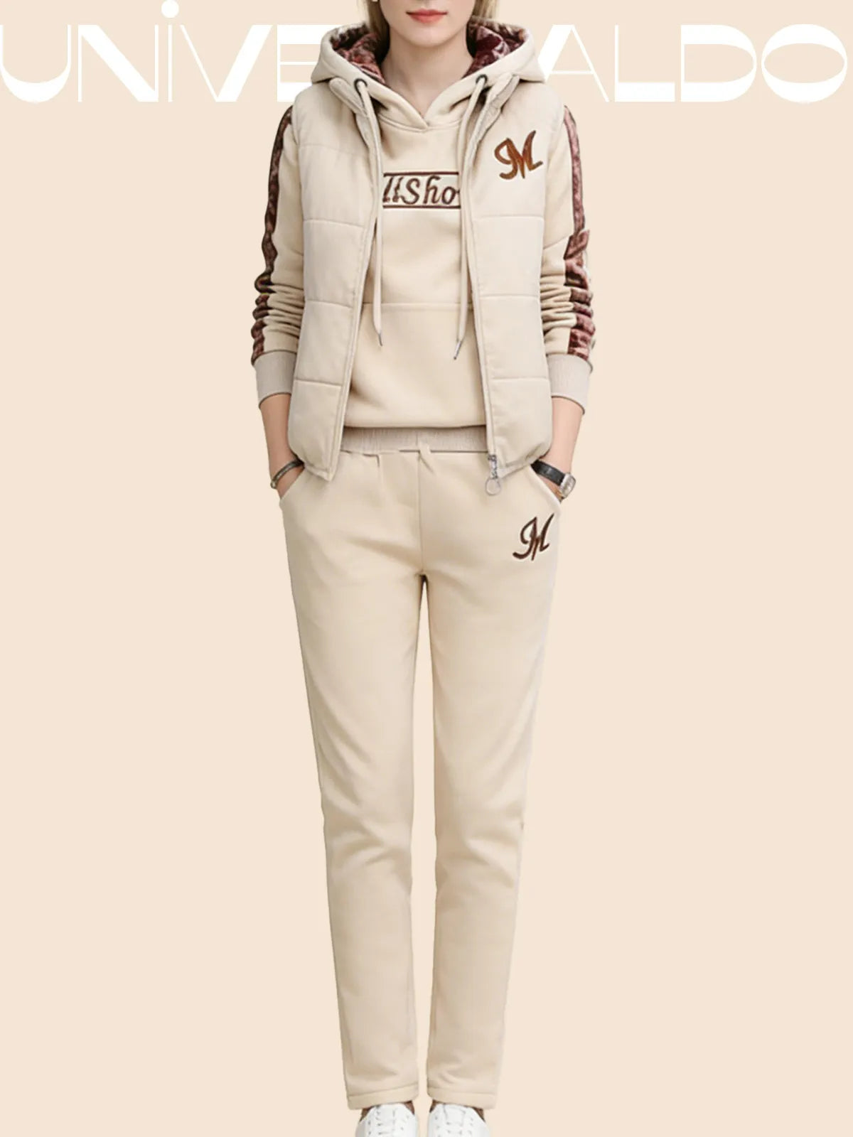 Дамски топъл полар спортен ежедневен комплект (панталон + суичър с качулка + жилетка)