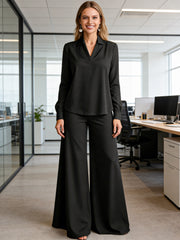 2-Части Комплект Блуза с V-Яка и Широки Панталони
