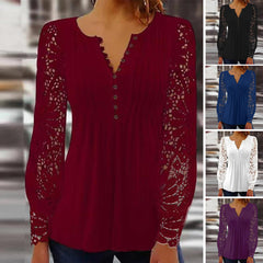 Нов модерен дантелен топ с V-образно деколте и дълги ръкави