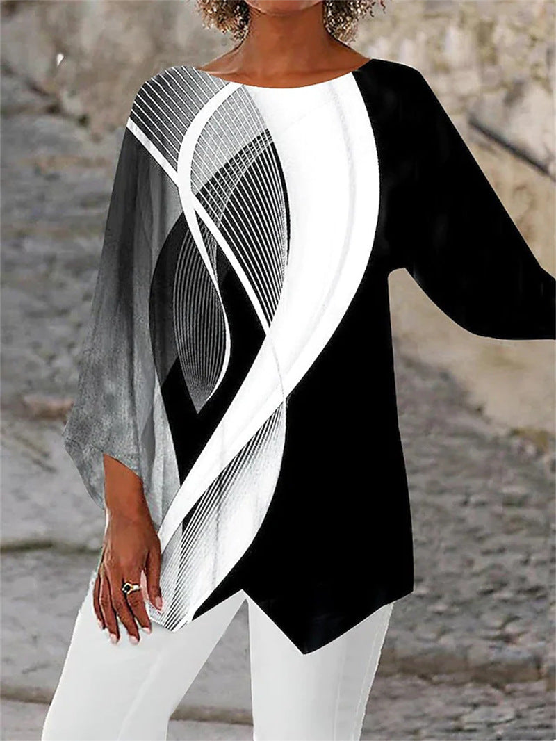【S-5XL】Риза с дълъг ръкав и кръгло деколте с геометричен мотив
