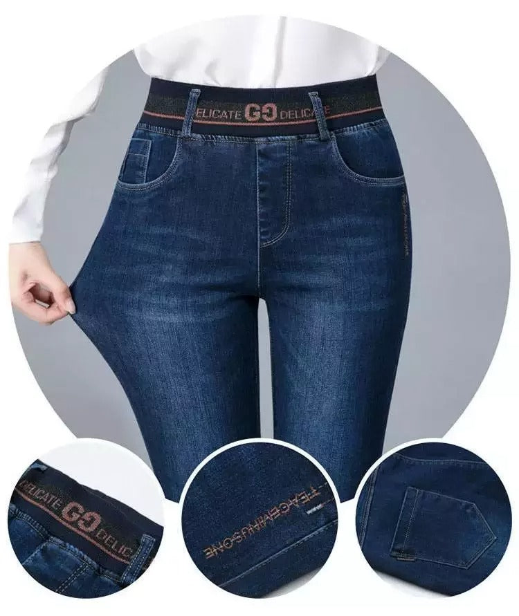 Модни/ежедневни/разтегливи дънки с висока талия плюс размер Избледняване/деформация/устойчиви на износване