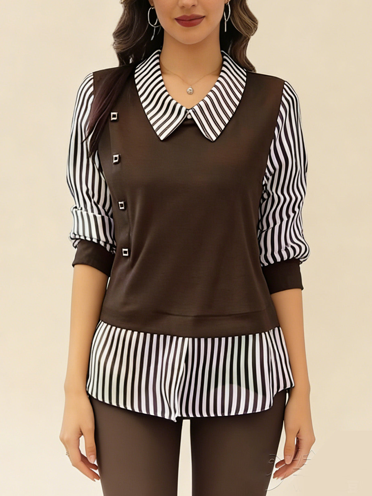 Модерна Псевдо-Двуделна Блуза С Райе И Дълъг Ръкав