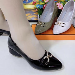 👞Нови дамски обувки от лъскава естествена кожа с дебел ток, мека подметка и заострени върхове