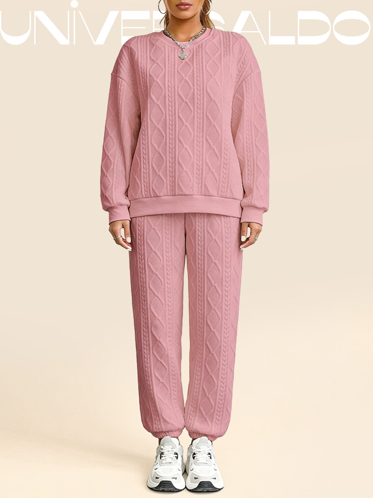 2-Части Комплект: Блуза с Плетен Узор и Прилепнали Панталони