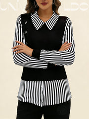 Модерна Псевдо-Двуделна Блуза С Райе И Дълъг Ръкав
