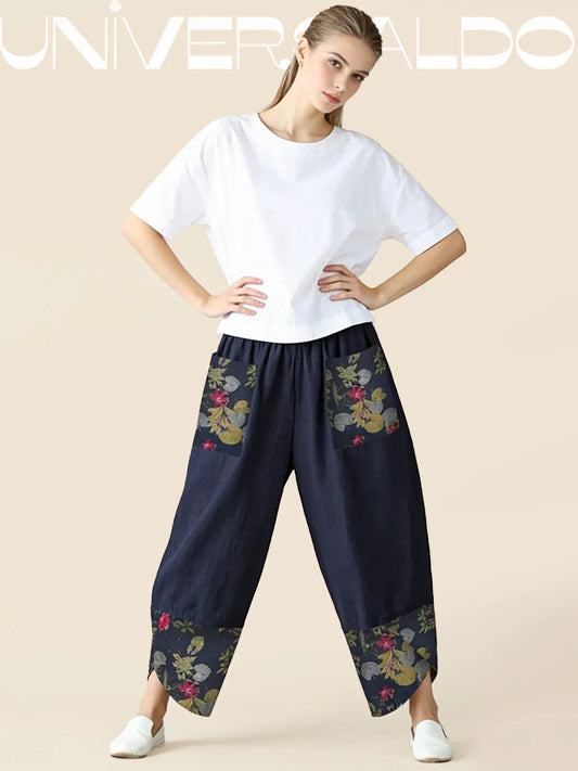 Нови широки панталони от памук и лен с щампа