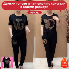 най-продавани【M-5X】]Дамски топове и панталони с кристали в големи размери
