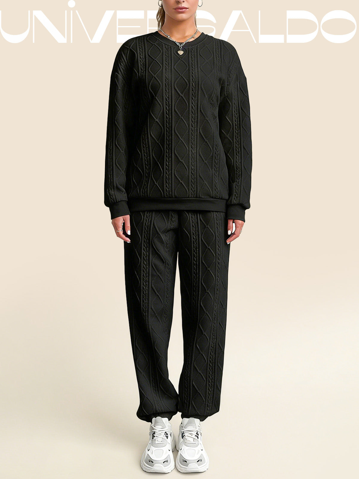 2-Части Комплект: Блуза с Плетен Узор и Прилепнали Панталони