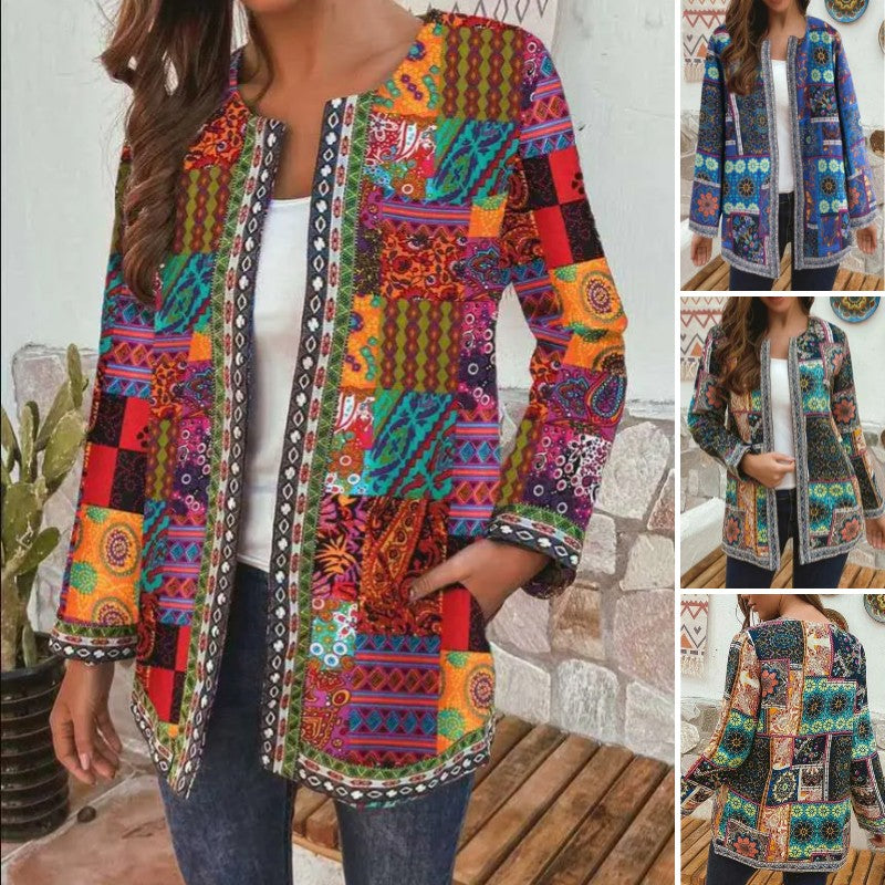 Нова винтидж памук и лен с отпечатани свободни якета с дълъг ръкав