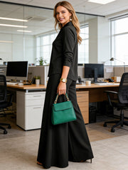 2-Части Комплект Блуза с V-Яка и Широки Панталони