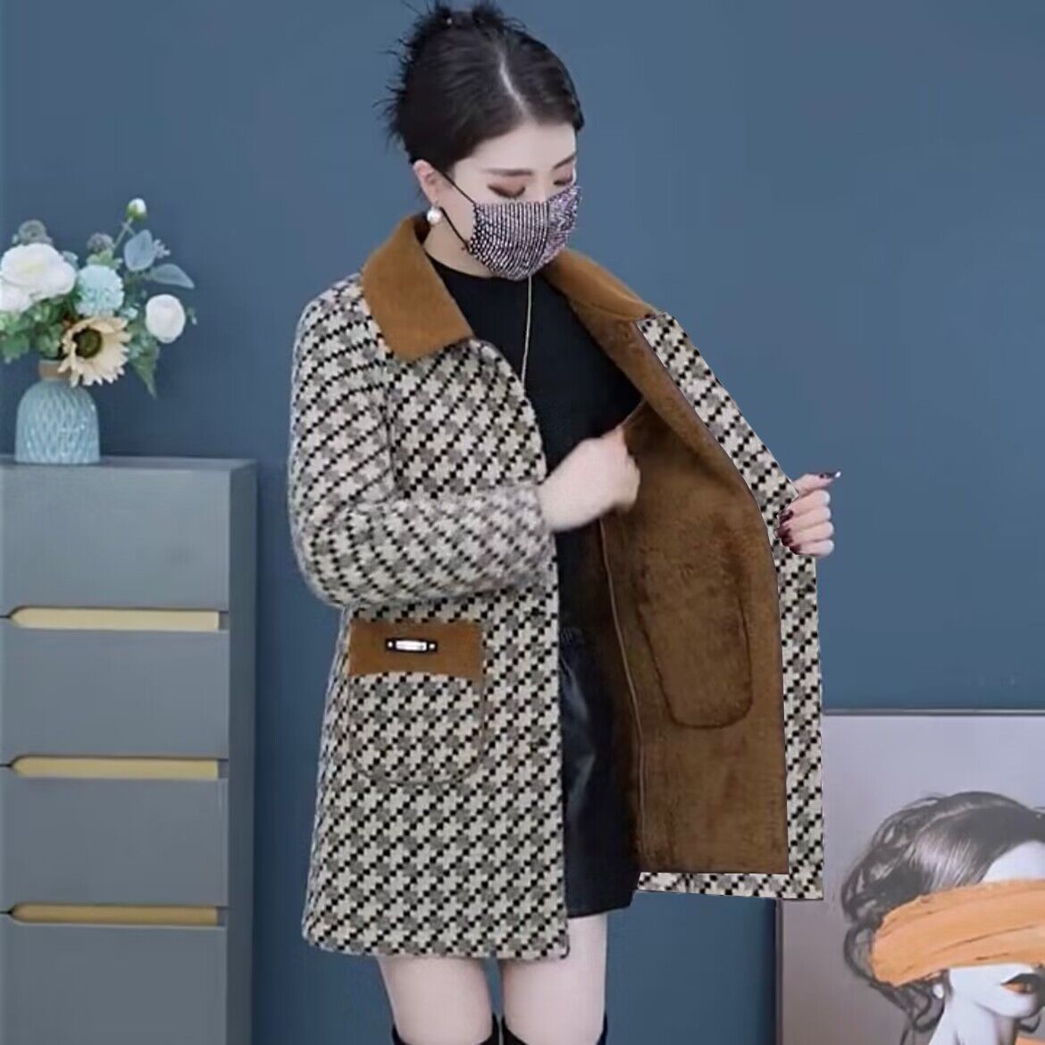 ✨🧥【40-100кг】Ново есенно-зимно вълнено яке от удебелено кадифе със средна дължина, топло и стилно