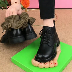 🎉👞Дамски естествена кожа елегантни модни ежедневни ботуши с плоска подметка и заоблени върхове Dr. Martens