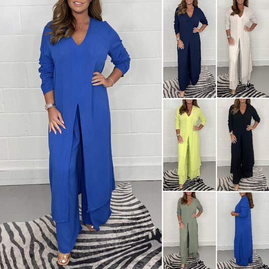 2-Части Комплект: Дълга Блуза с Разрез и Дълги Панталони