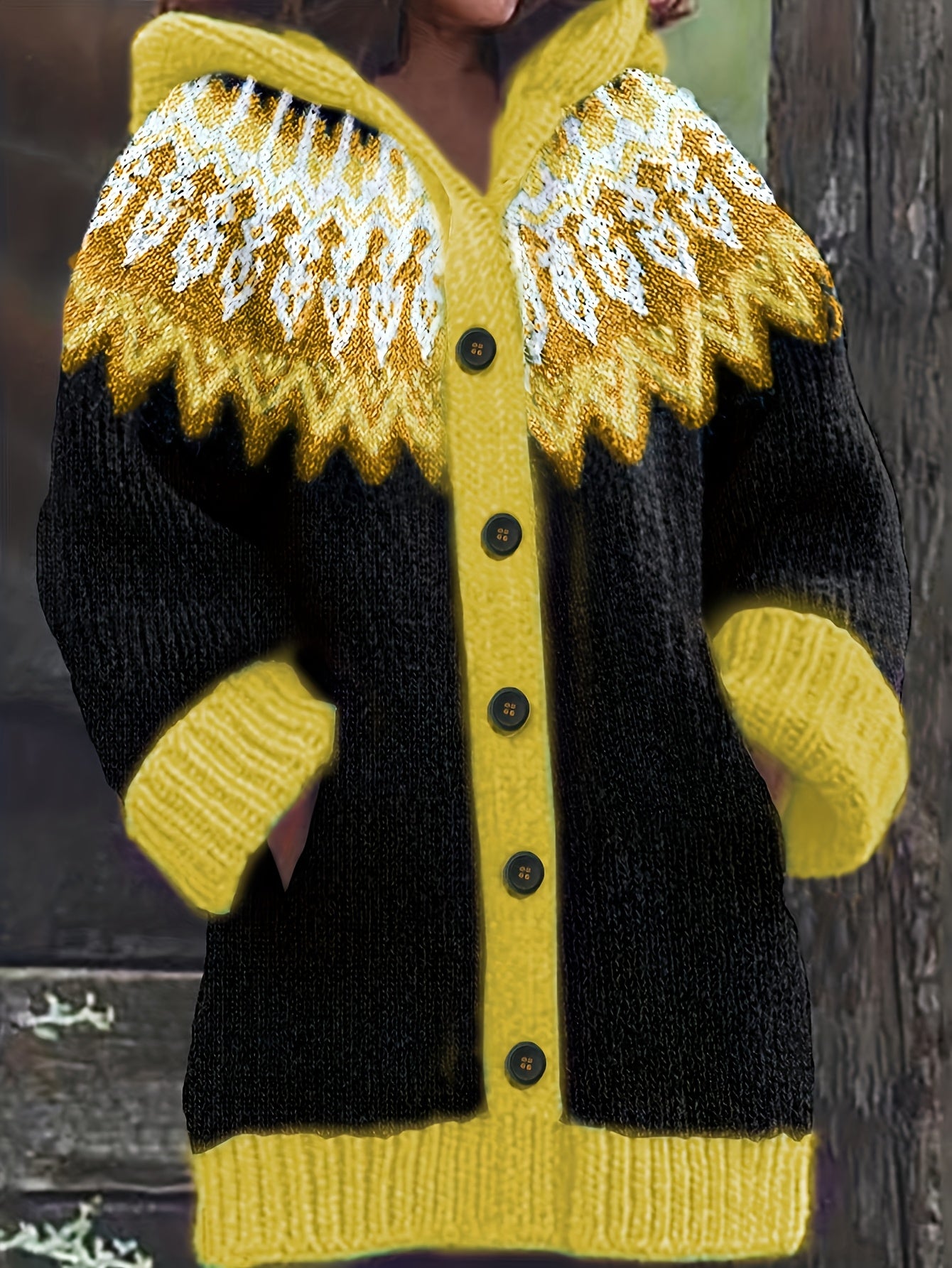 【S~5XL】✨Елегантен плетен кардиган с ретро принт и цветна качулка