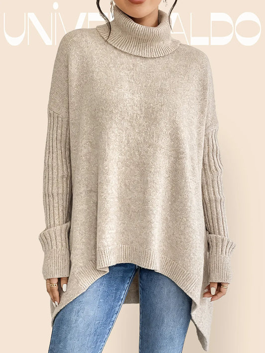 Асиметричен Плетен Пуловер с Падащи Ръкави и Висок Яка