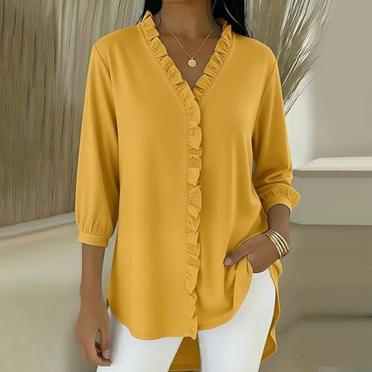 Блуза С V-Образно Деколте, Волани И Ръкави До Лакътя