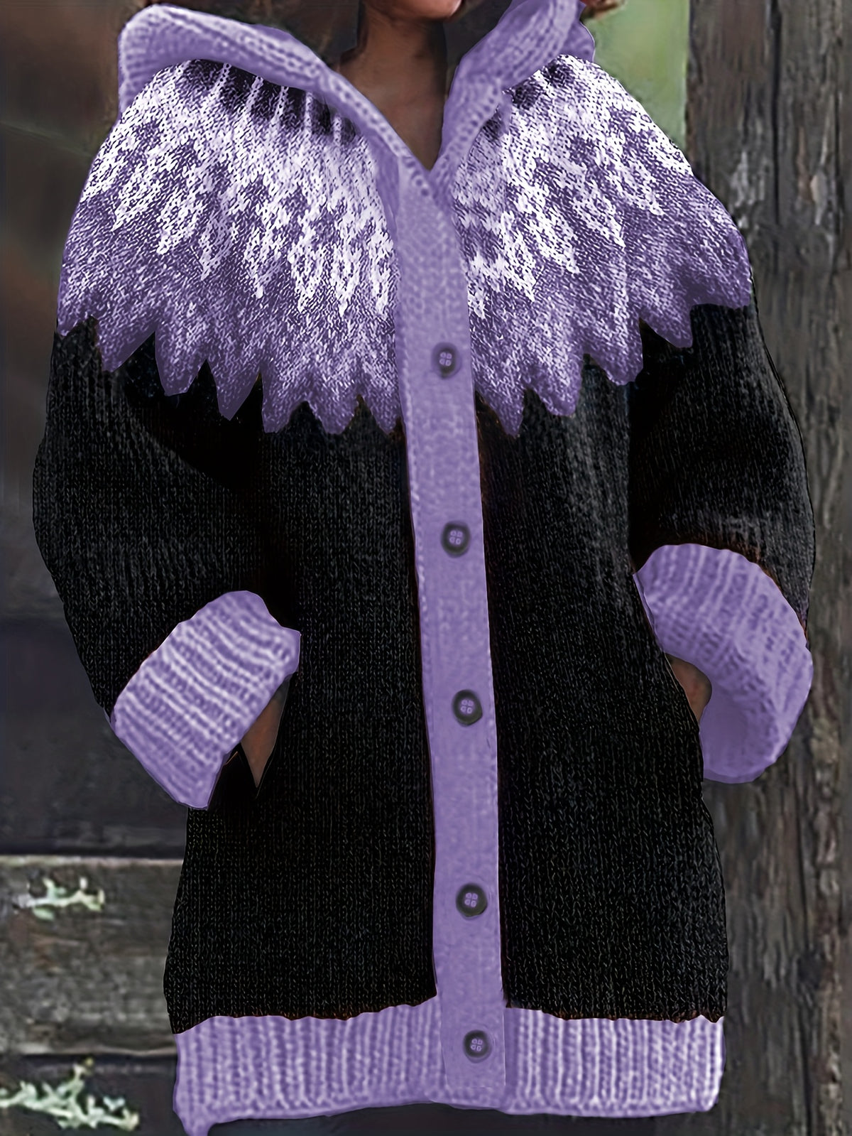 【S~5XL】✨Елегантен плетен кардиган с ретро принт и цветна качулка