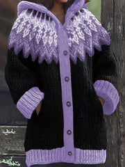 【S~5XL】✨Елегантен плетен кардиган с ретро принт и цветна качулка