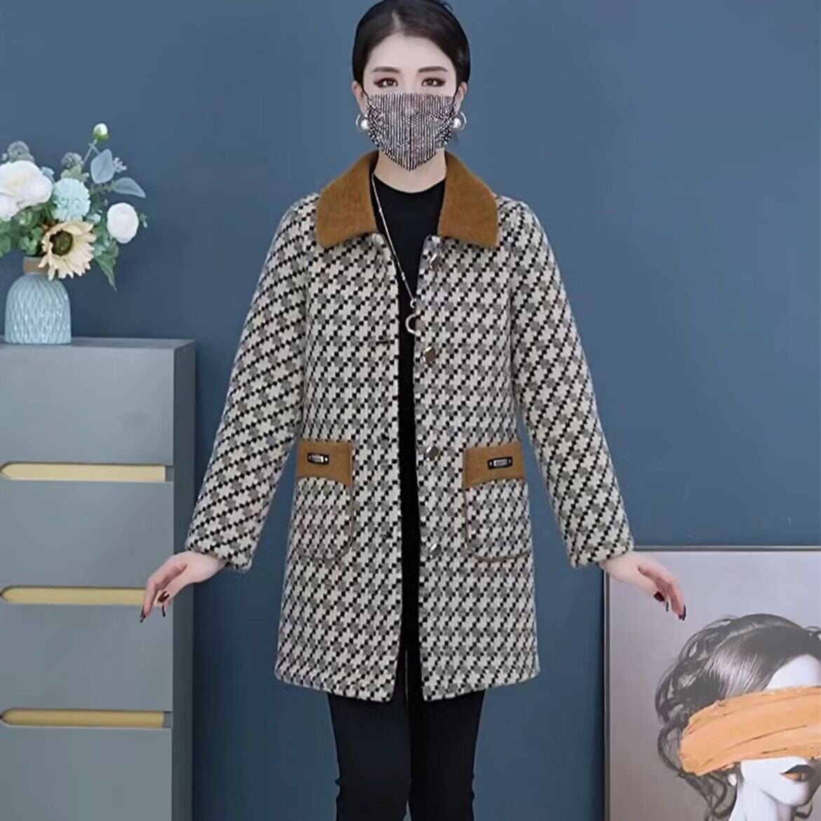 ✨🧥【40-100кг】Ново есенно-зимно вълнено яке от удебелено кадифе със средна дължина, топло и стилно