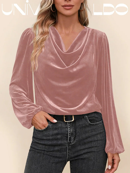 Дамска блуза с плисирана стояща яка и дълъг ръкав