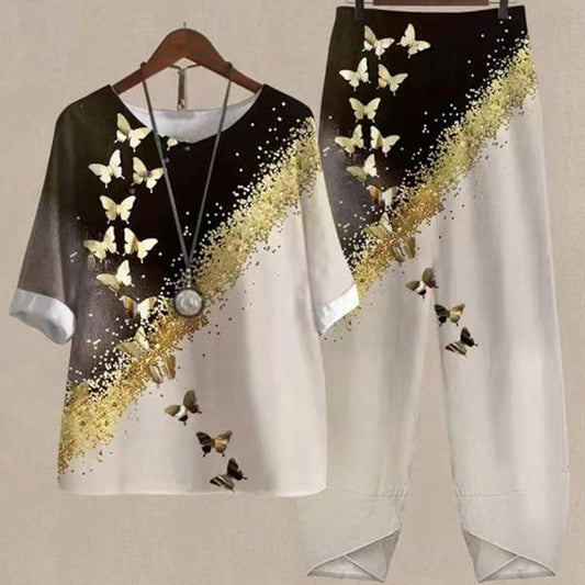 🔥🔥【50% ОТСТЪПКА】[M-5XL] Двукомпонентен моден ежедневен комплект, блуза с принт + панталони